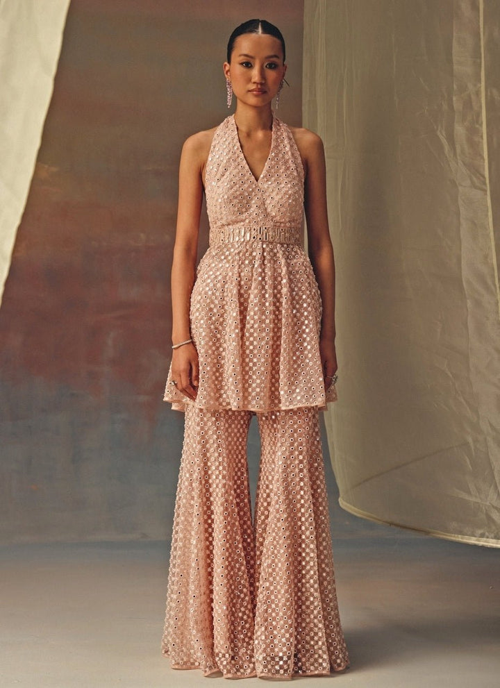 Twenty Nine Blush Pink Soft Net Mirrorwork Kurta ShararaFabilicious Fashion