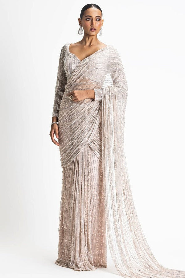 Blush Pink Soft Net Pre-Draped Saree by Nitika Gujral
