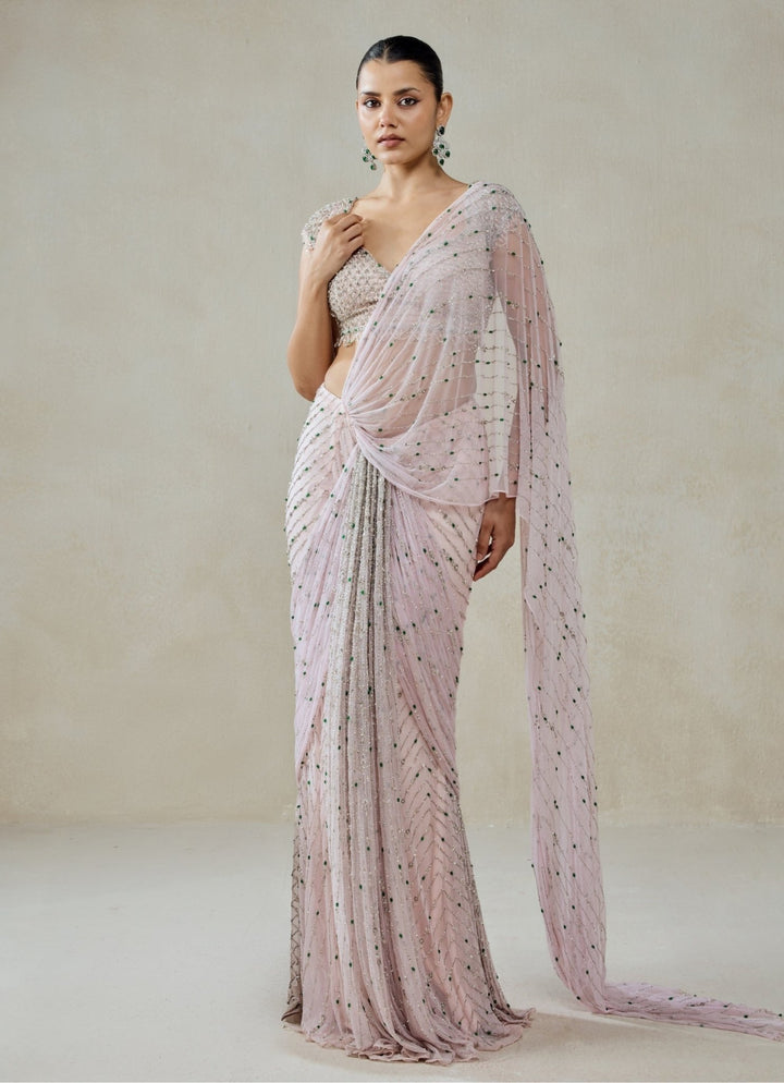 Blush Pink Soft Net Pre - Draped Saree Nitika Gujral - Fabilicious Fashion