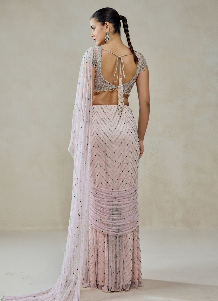 Blush Pink Soft Net Pre - Draped Saree Nitika Gujral - Fabilicious Fashion