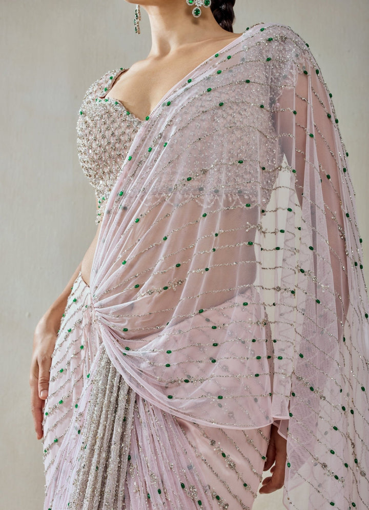 Blush Pink Soft Net Pre - Draped Saree Nitika Gujral - Fabilicious Fashion