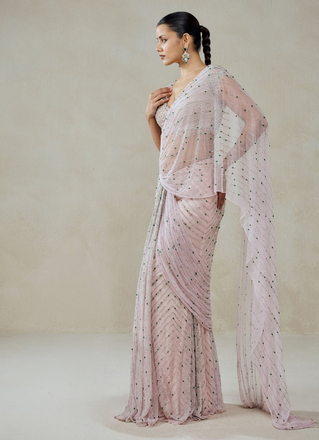 Blush Pink Soft Net Pre - Draped Saree Nitika Gujral - Fabilicious Fashion