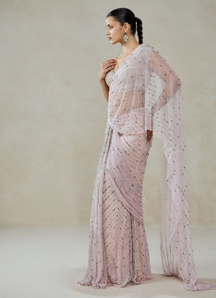 Blush Pink Soft Net Pre - Draped Saree Nitika Gujral - Fabilicious Fashion
