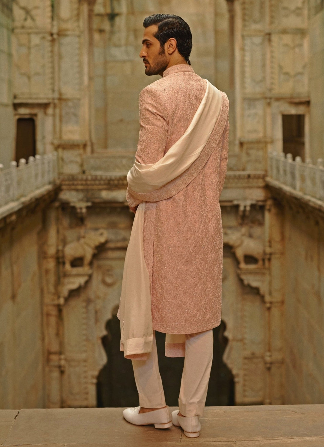 Blush Pink Tafetta Silk Sherwani Set Nitika Gujral - Men - Fabilicious Fashion