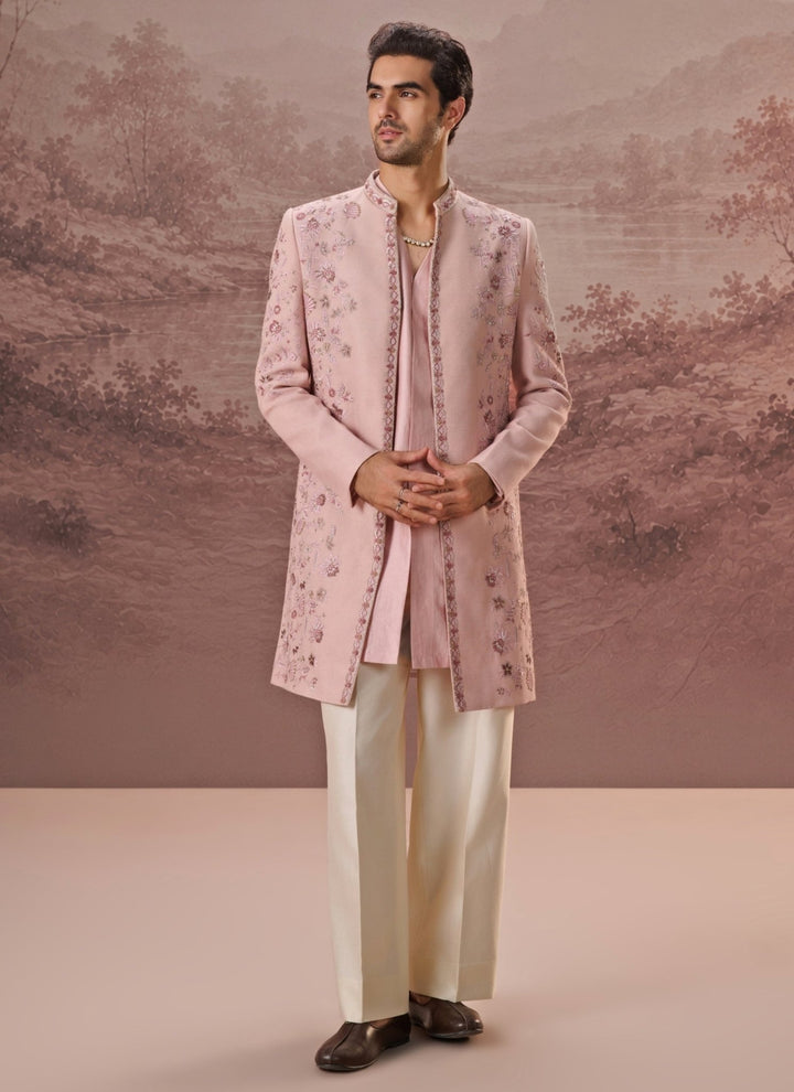 Contrast by Parth Blush Pink Textured Silk Sherwani SetFabilicious Fashion