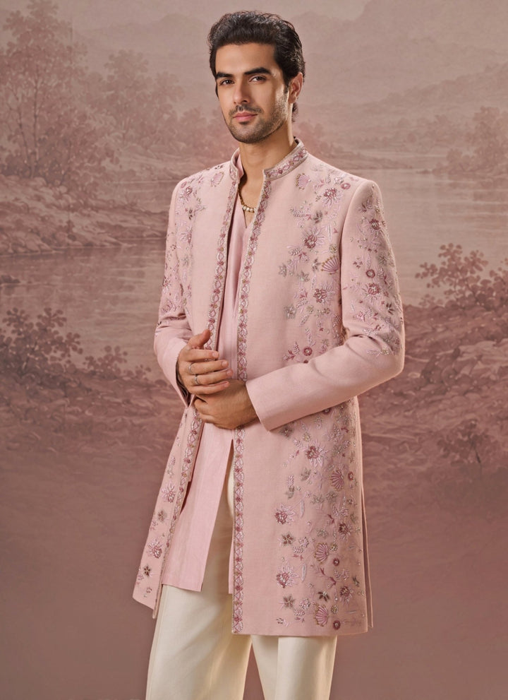 Contrast by Parth Blush Pink Textured Silk Sherwani SetFabilicious Fashion
