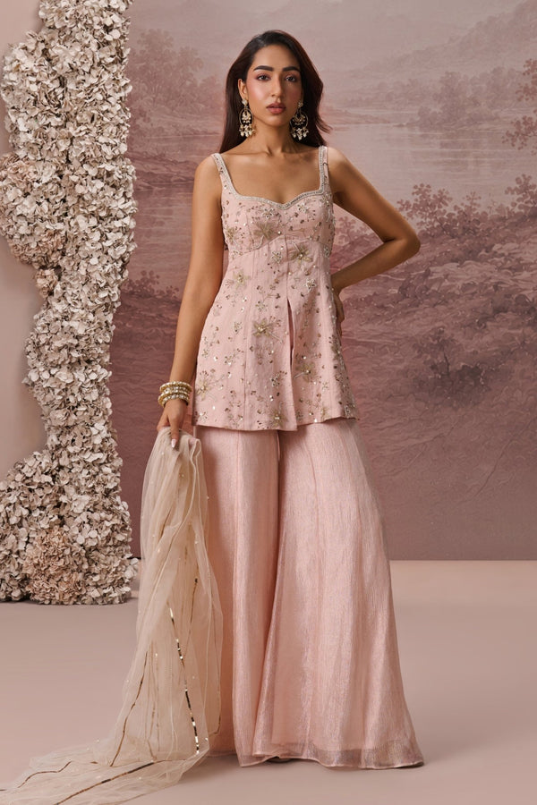 Blush pink tissue kurta sharara set by Parul Gandhi