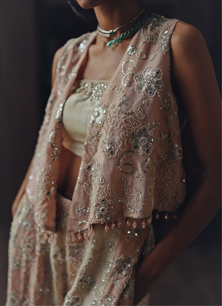 Blush Pink Tissue Palazzo Set With Asymmetric Jacket Twenty Nine - Fabilicious Fashion