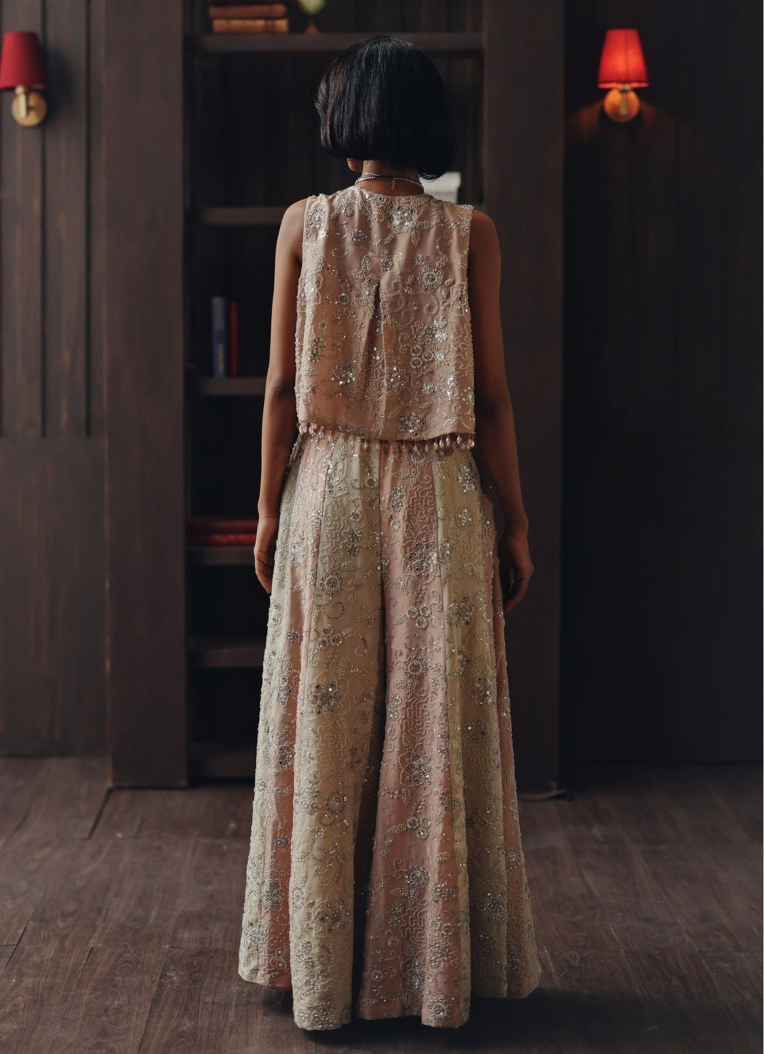 Blush Pink Tissue Palazzo Set With Asymmetric Jacket Twenty Nine - Fabilicious Fashion