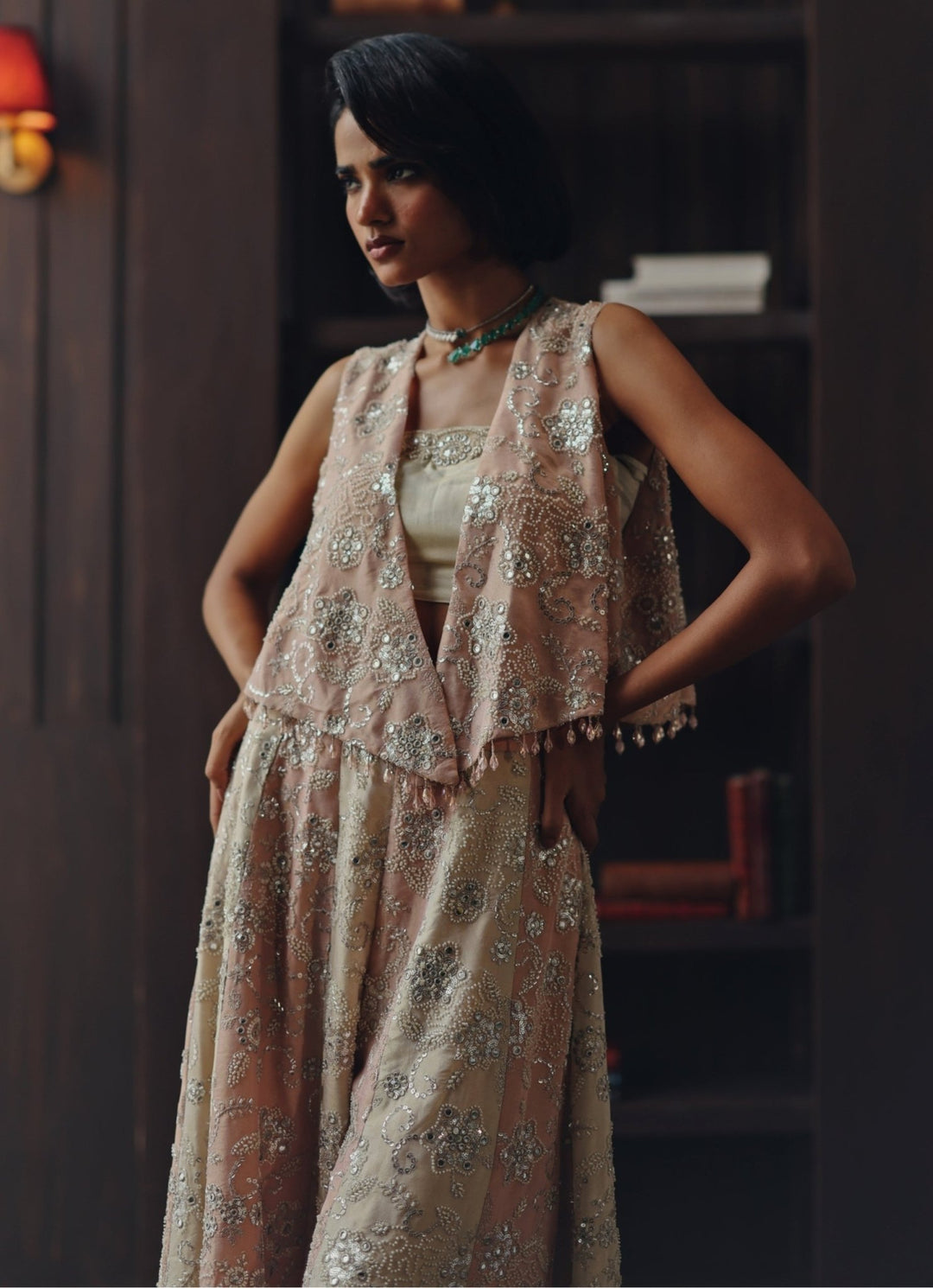 Blush Pink Tissue Palazzo Set With Asymmetric Jacket Twenty Nine - Fabilicious Fashion