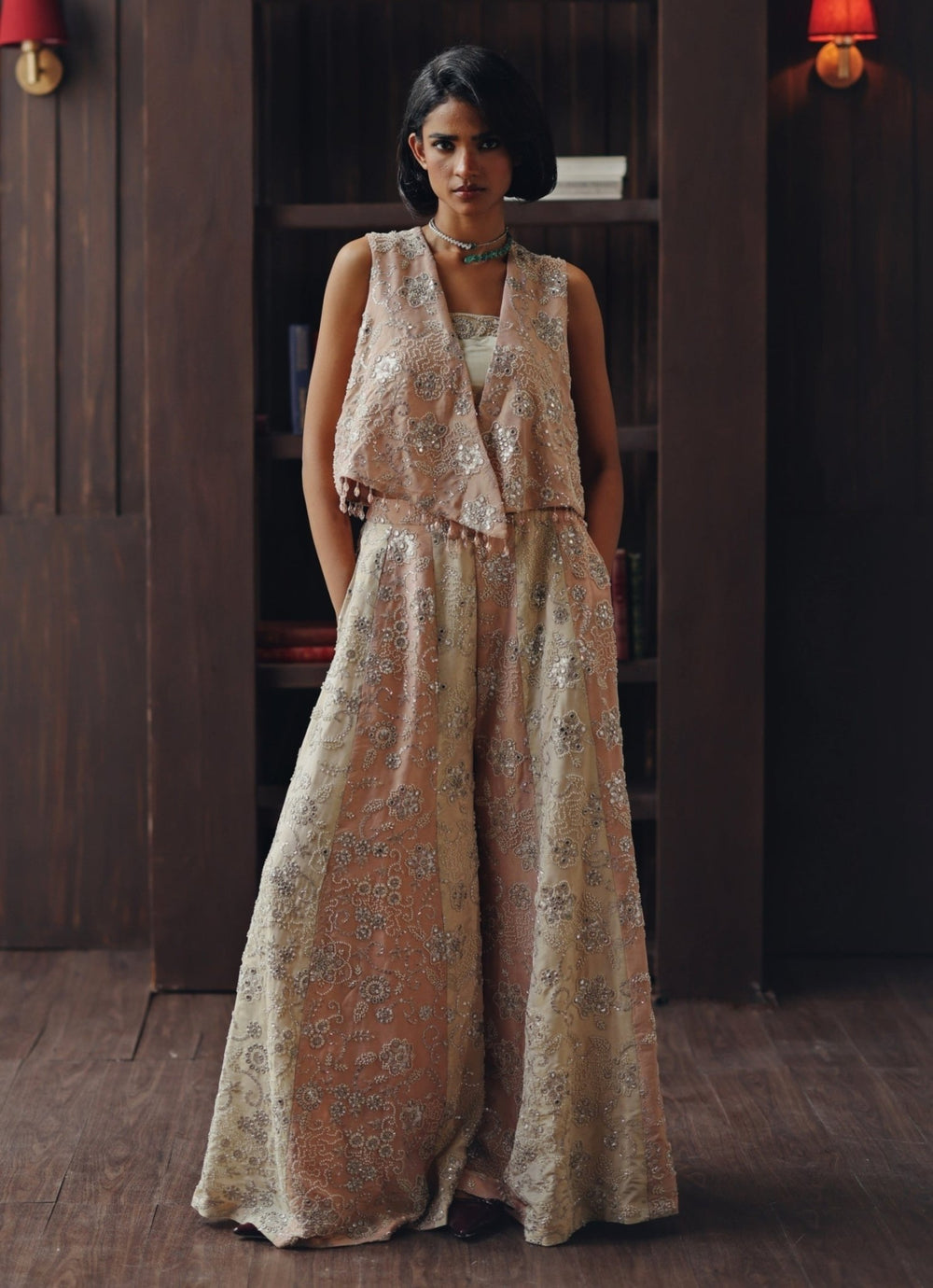 Blush Pink Tissue Palazzo Set With Asymmetric Jacket Twenty Nine - Fabilicious Fashion