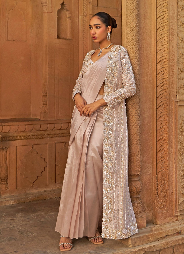 Blush Pink Tissue Saree With Floral Embroidered Cape Nidhika Shekhar - Fabilicious Fashion