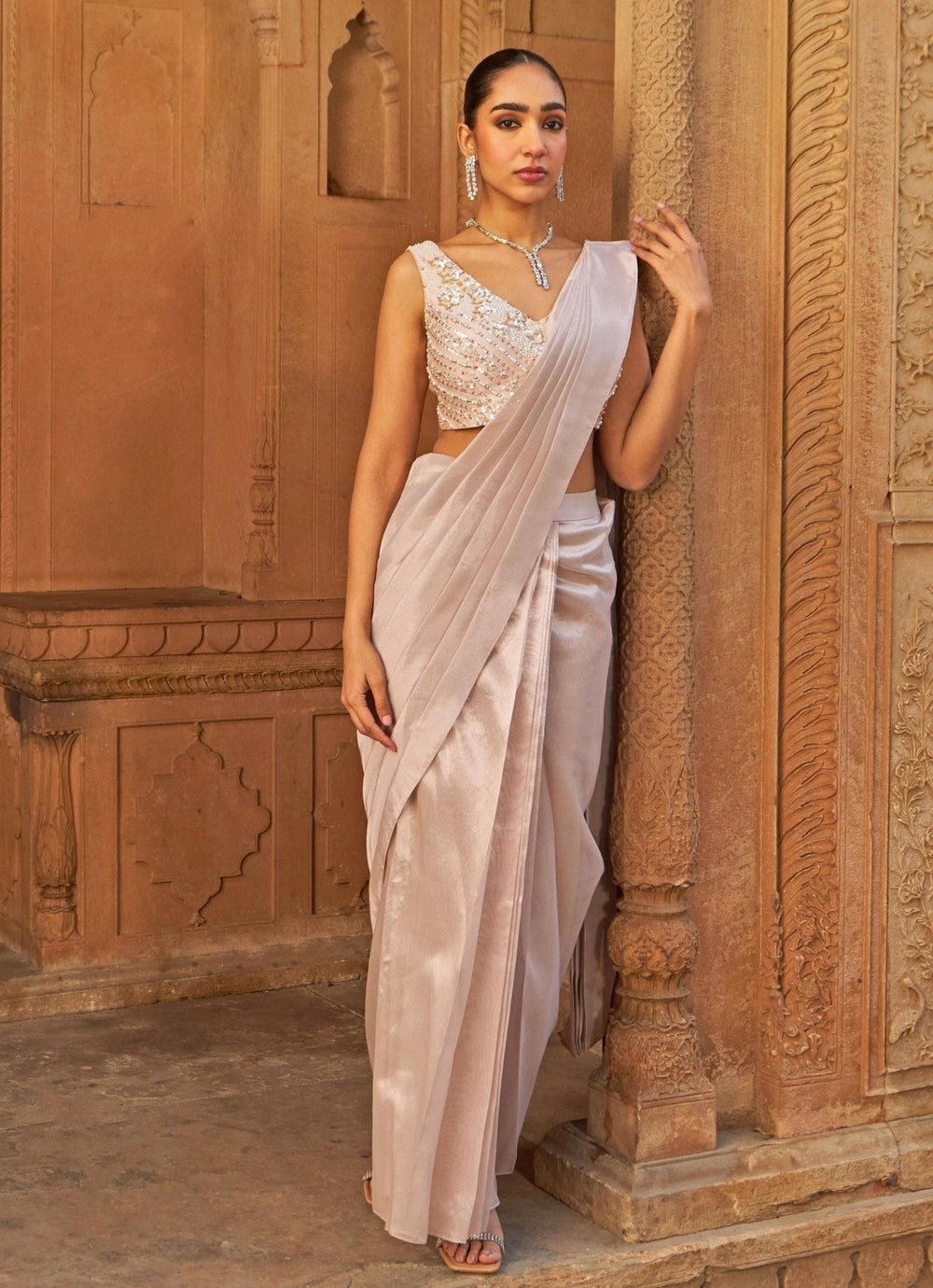 Blush Pink Tissue Saree With Floral Embroidered Cape Nidhika Shekhar - Fabilicious Fashion