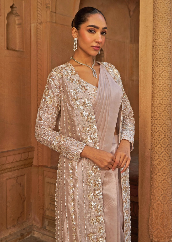 Blush Pink Tissue Saree With Floral Embroidered Cape Nidhika Shekhar - Fabilicious Fashion