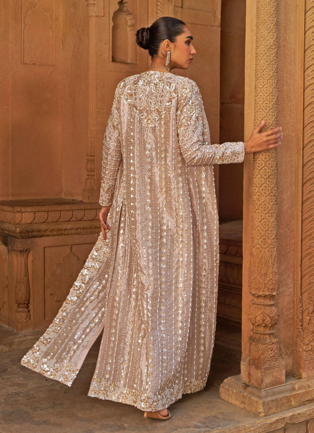 Blush Pink Tissue Saree With Floral Embroidered Cape Nidhika Shekhar - Fabilicious Fashion