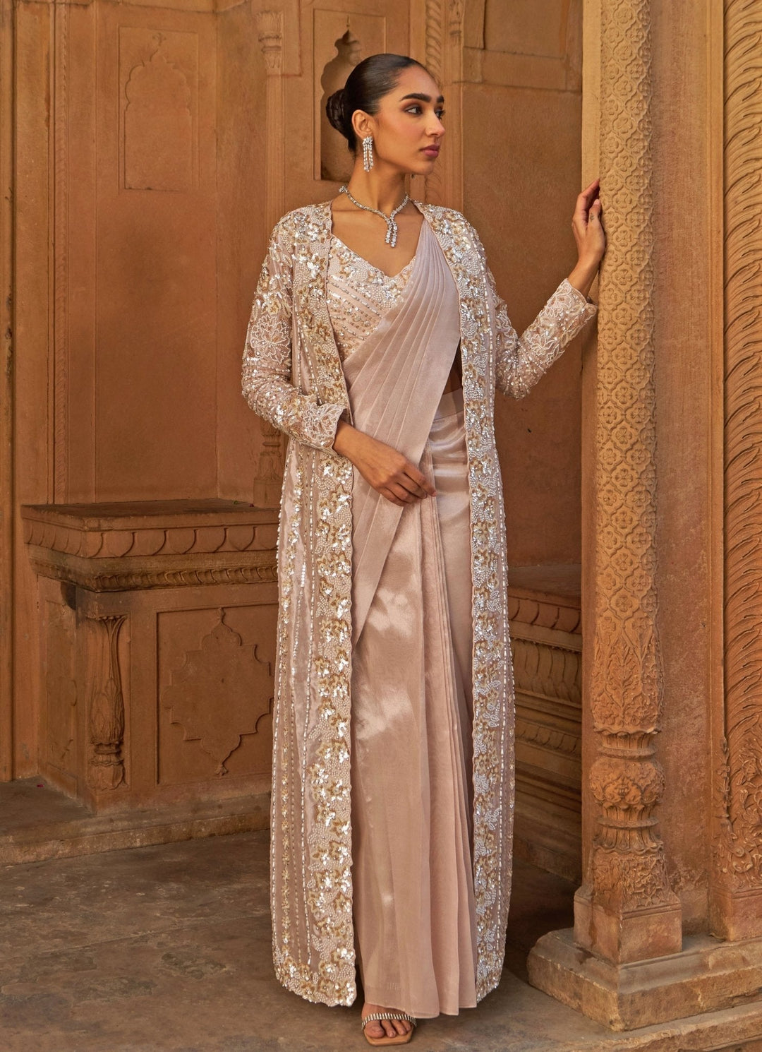 Blush Pink Tissue Saree With Floral Embroidered Cape Nidhika Shekhar - Fabilicious Fashion