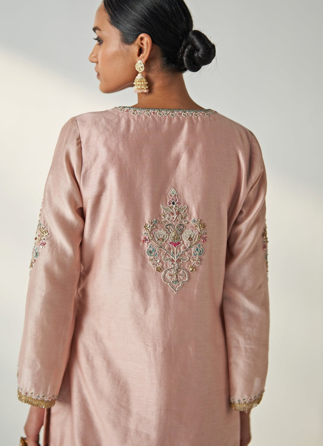 Blush Pink Tulip Embroidered Chanderi Kurta Pants Set Studio Bagechaa - Fabilicious Fashion