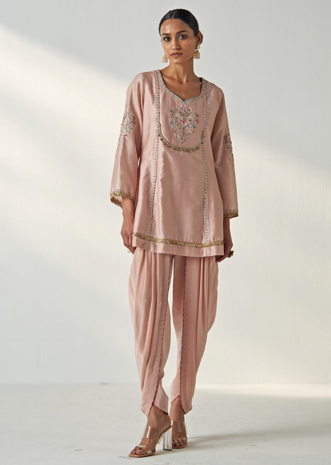 Blush Pink Tulip Embroidered Chanderi Kurta Pants Set Studio Bagechaa - Fabilicious Fashion