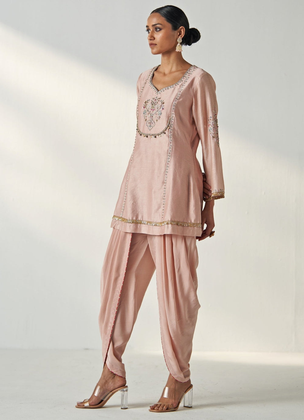 Blush Pink Tulip Embroidered Chanderi Kurta Pants Set Studio Bagechaa - Fabilicious Fashion