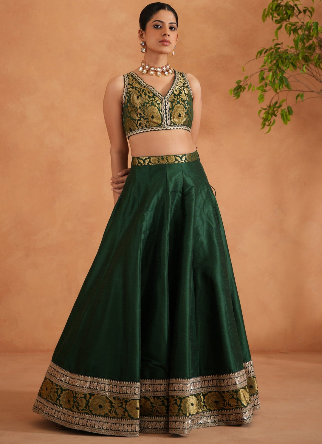 Bottle Green And Gold Brocade Lehenga Set Deepika Chadha - Fabilicious Fashion