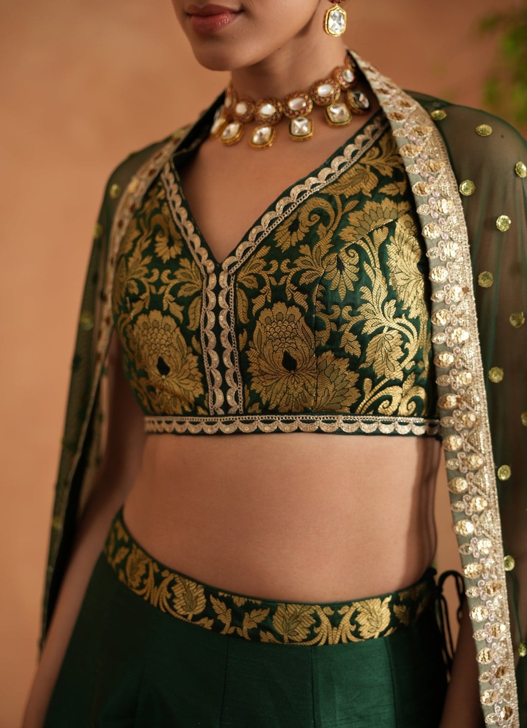 Bottle Green And Gold Brocade Lehenga Set Deepika Chadha - Fabilicious Fashion