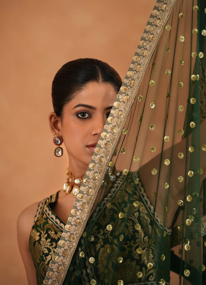 Bottle Green And Gold Brocade Lehenga Set Deepika Chadha - Fabilicious Fashion