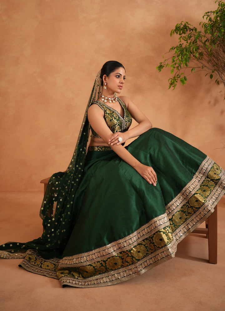 Bottle Green And Gold Brocade Lehenga Set Deepika Chadha - Fabilicious Fashion