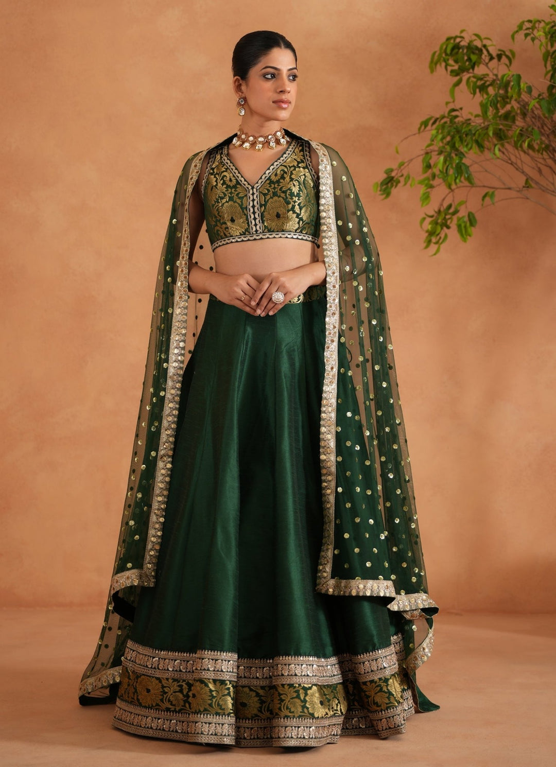 Bottle Green And Gold Brocade Lehenga Set Deepika Chadha - Fabilicious Fashion