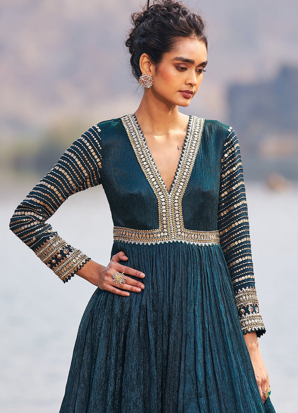 Bottle Green and Gold Sequinned Anarkali Nidhika Shekhar - Fabilicious Fashion