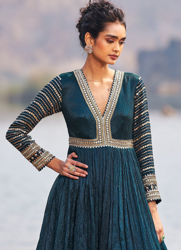 Bottle Green and Gold Sequinned Anarkali Nidhika Shekhar - Fabilicious Fashion