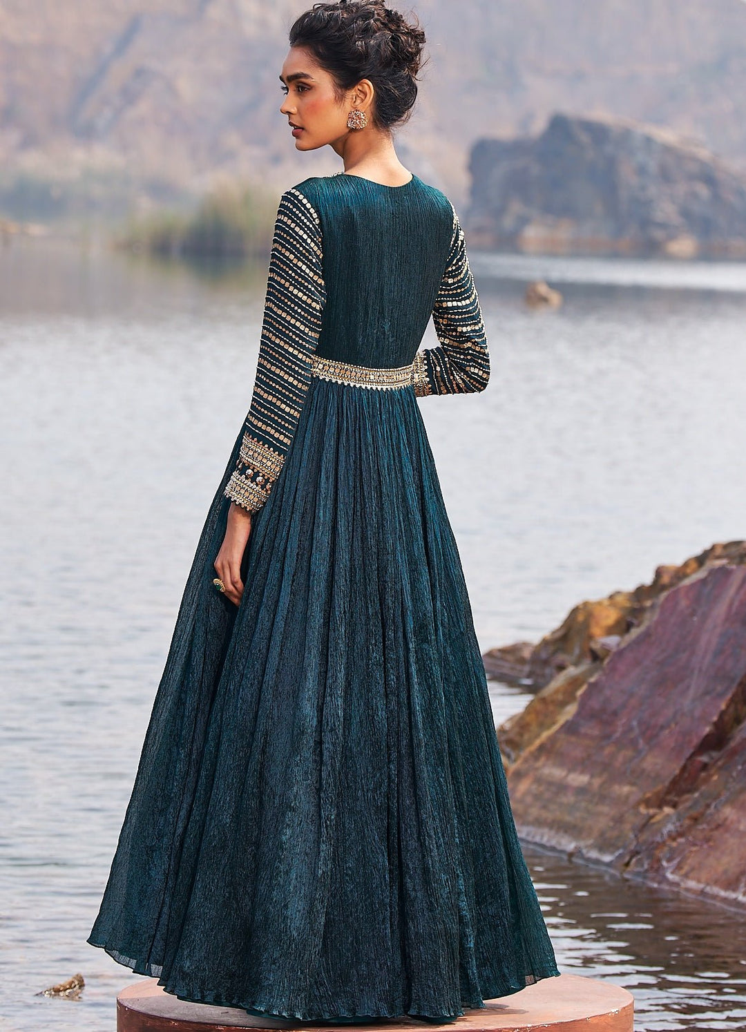 Bottle Green and Gold Sequinned Anarkali Nidhika Shekhar - Fabilicious Fashion