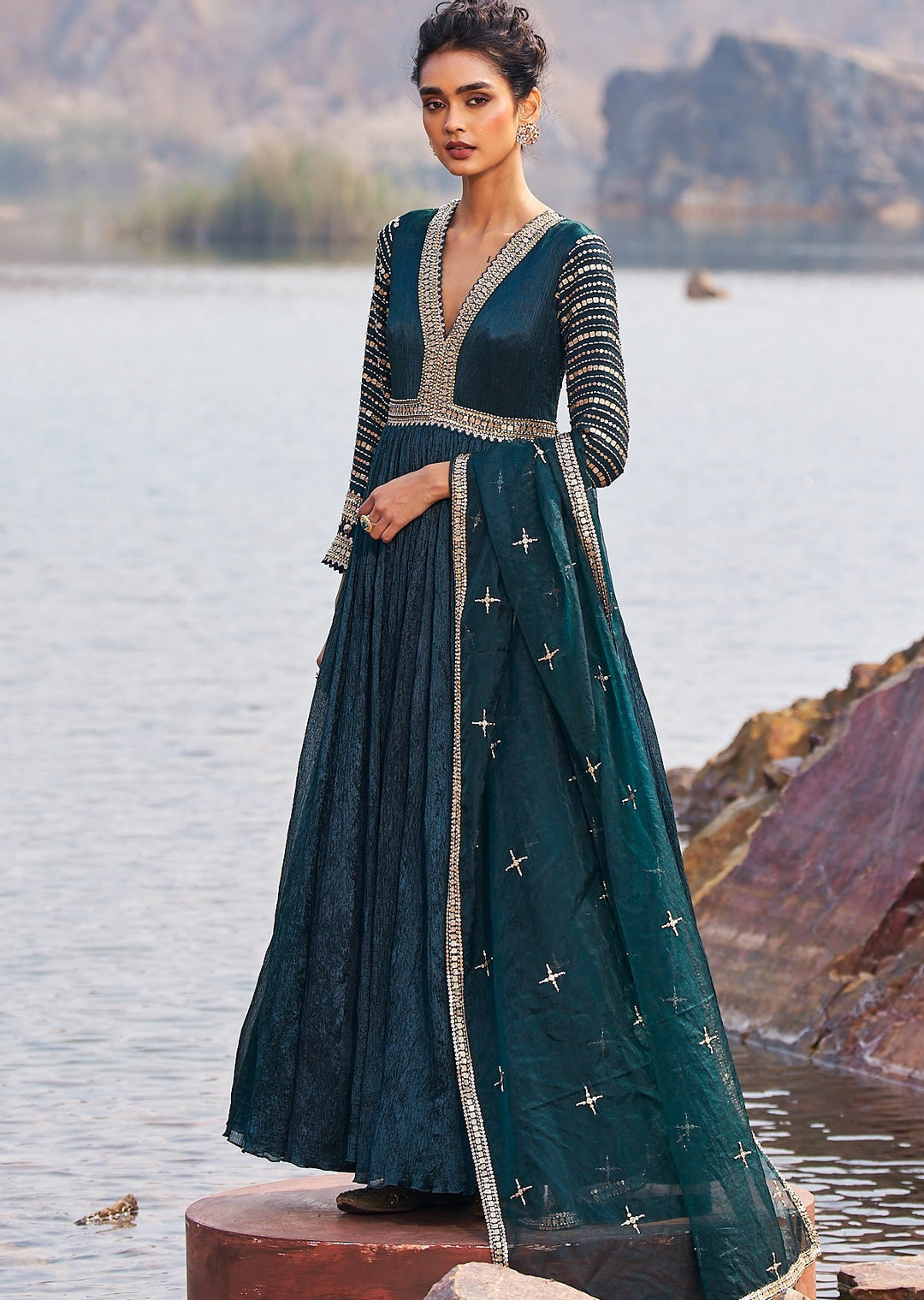 Bottle Green and Gold Sequinned Anarkali Nidhika Shekhar - Fabilicious Fashion