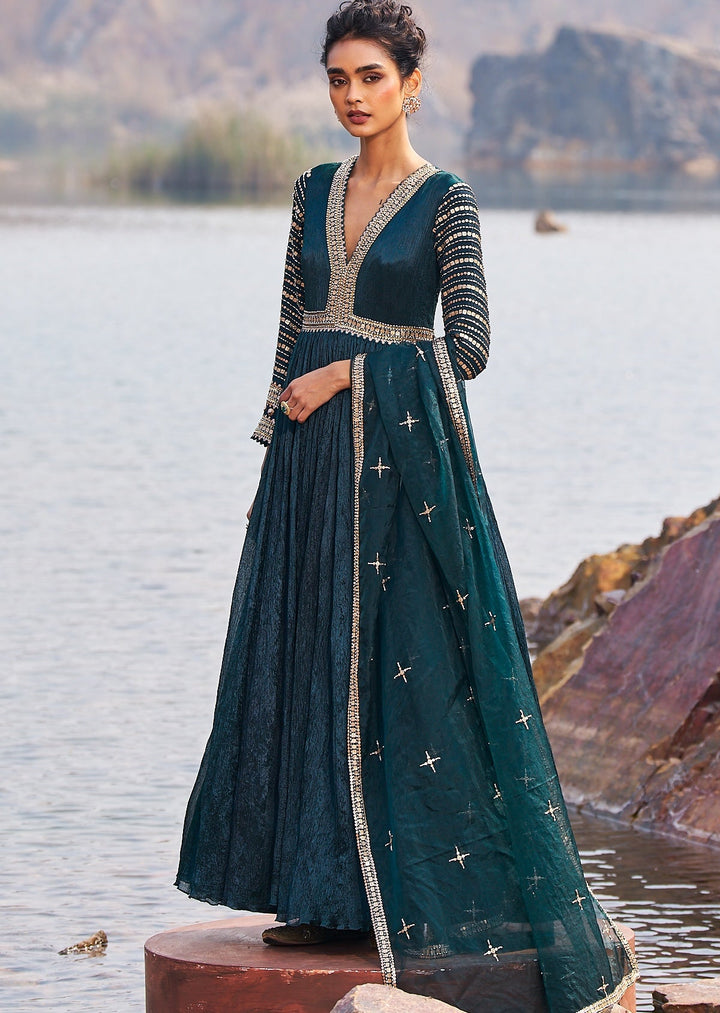 Bottle Green and Gold Sequinned Anarkali Nidhika Shekhar - Fabilicious Fashion