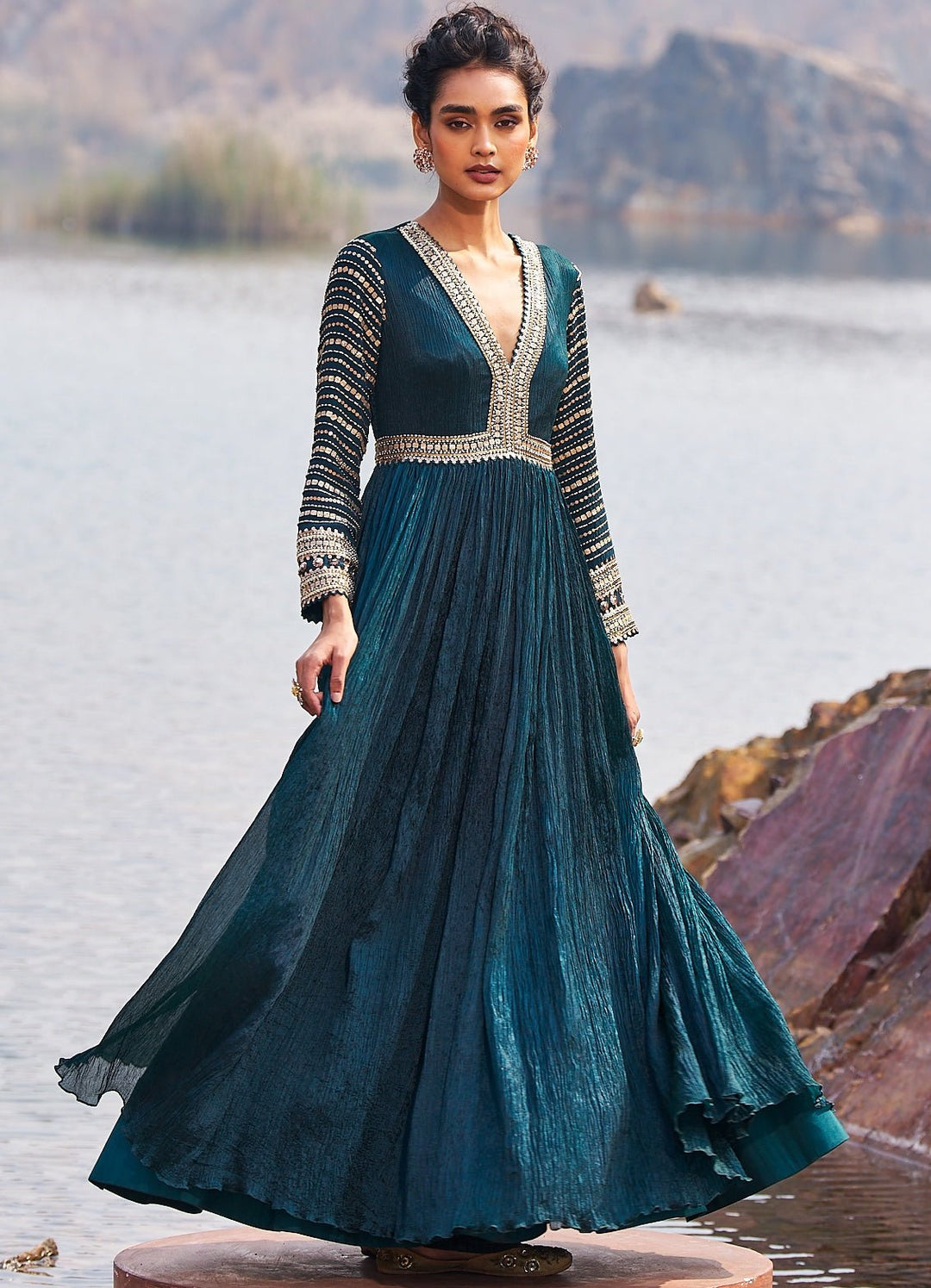 Bottle Green and Gold Sequinned Anarkali Nidhika Shekhar - Fabilicious Fashion