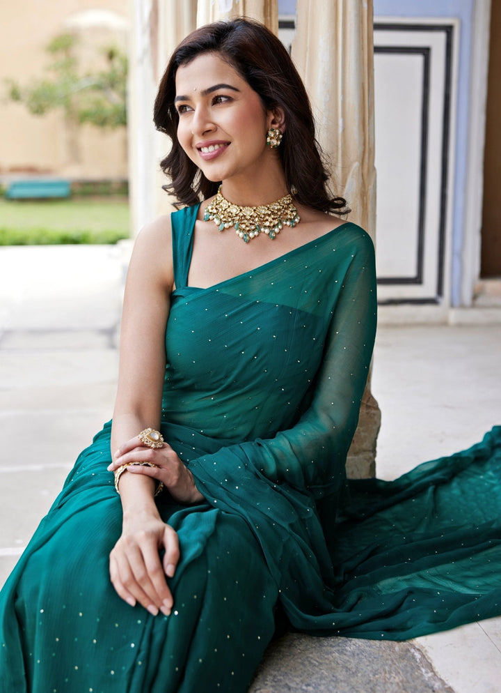 Bottle Green Chiffon Pre - Draped Saree Set Geroo Jaipur - Fabilicious Fashion