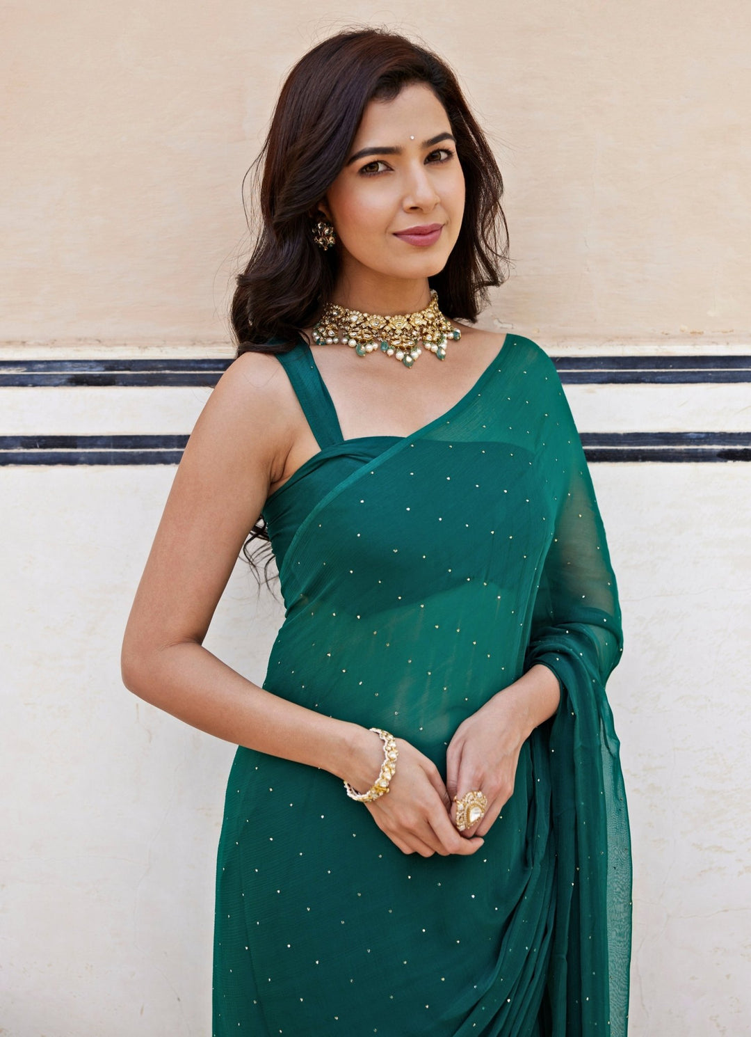 Bottle Green Chiffon Pre - Draped Saree Set Geroo Jaipur - Fabilicious Fashion