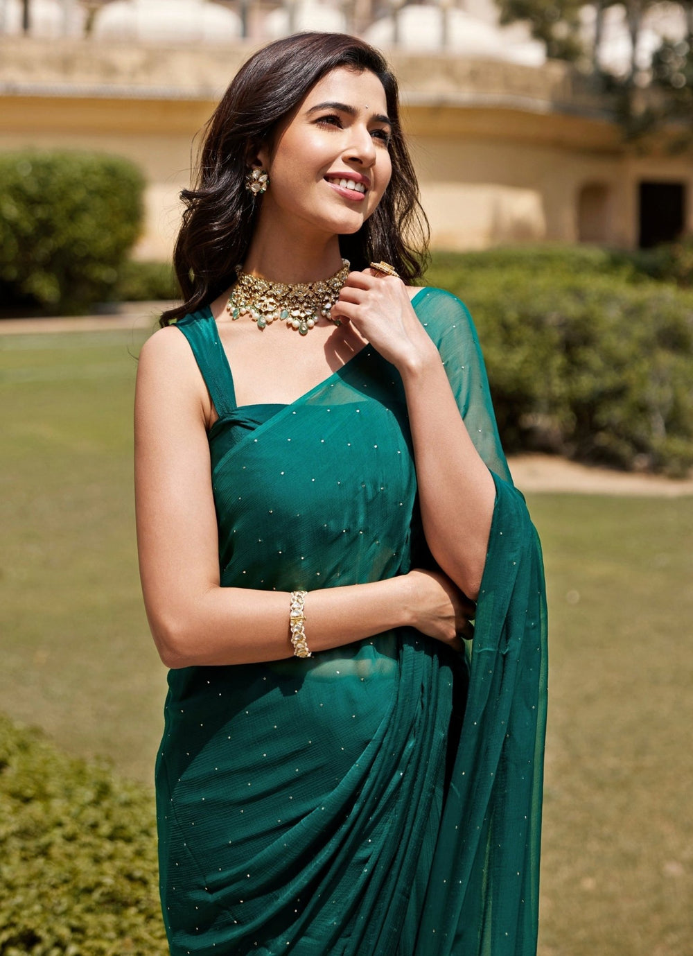 Bottle Green Chiffon Pre - Draped Saree Set Geroo Jaipur - Fabilicious Fashion