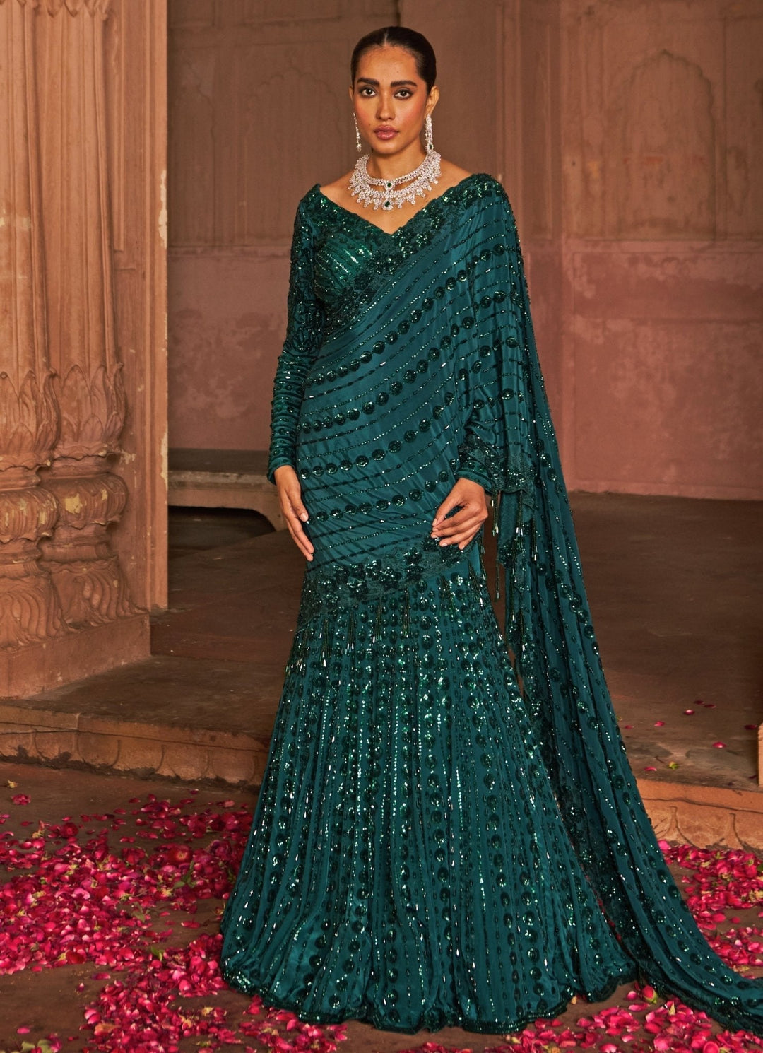 Bottle Green Embroidered Draped Crepe Lehenga Saree Nidhika Shekhar - Fabilicious Fashion