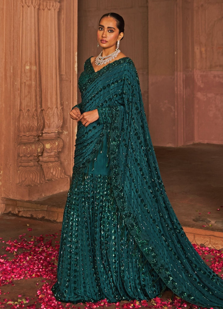 Bottle Green Embroidered Draped Crepe Lehenga Saree Nidhika Shekhar - Fabilicious Fashion