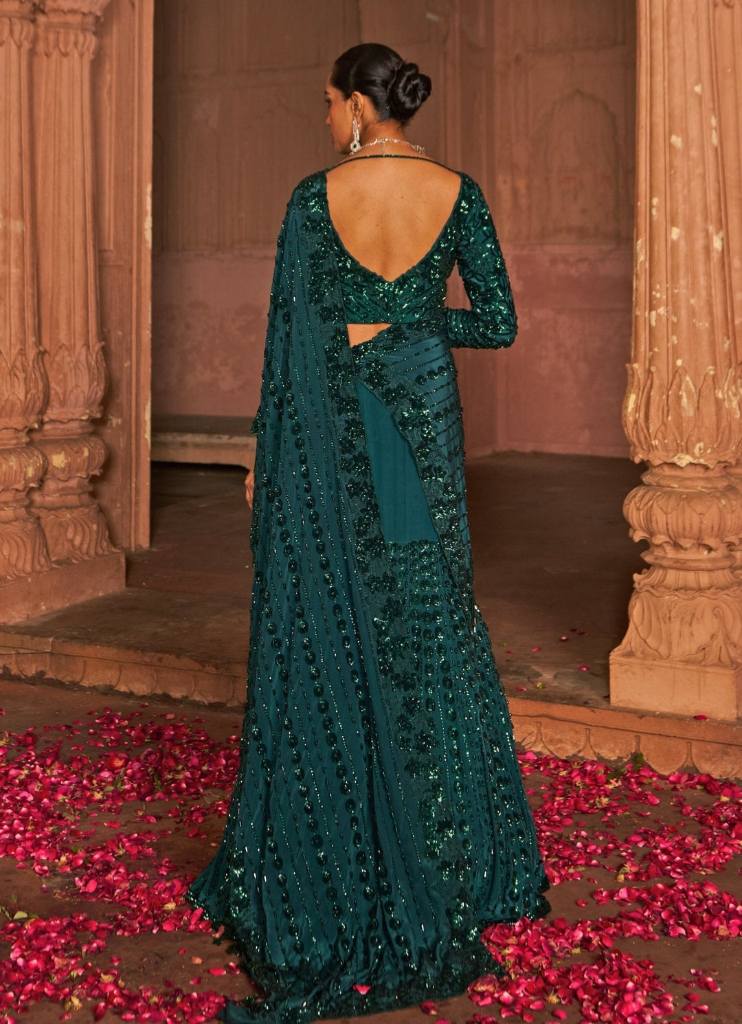 Bottle Green Embroidered Draped Crepe Lehenga Saree Nidhika Shekhar - Fabilicious Fashion