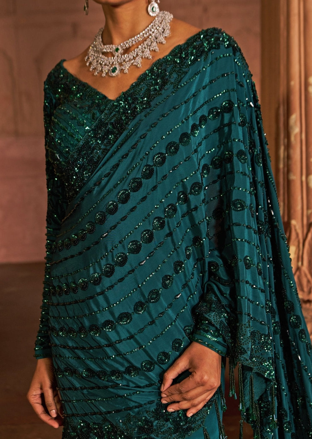 Bottle Green Embroidered Draped Crepe Lehenga Saree Nidhika Shekhar - Fabilicious Fashion