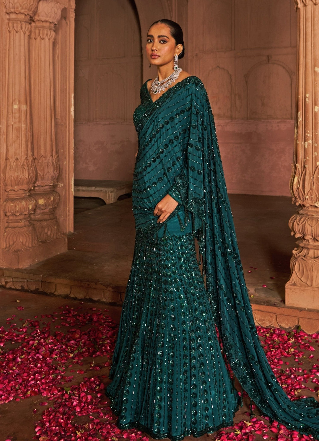 Bottle Green Embroidered Draped Crepe Lehenga Saree Nidhika Shekhar - Fabilicious Fashion