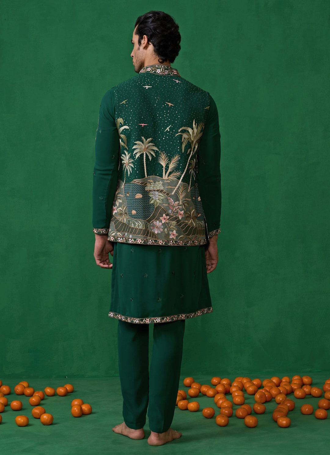 Bottle Green Embroidered Georgette Kurta Jacket Set Kalpraag - Fabilicious Fashion