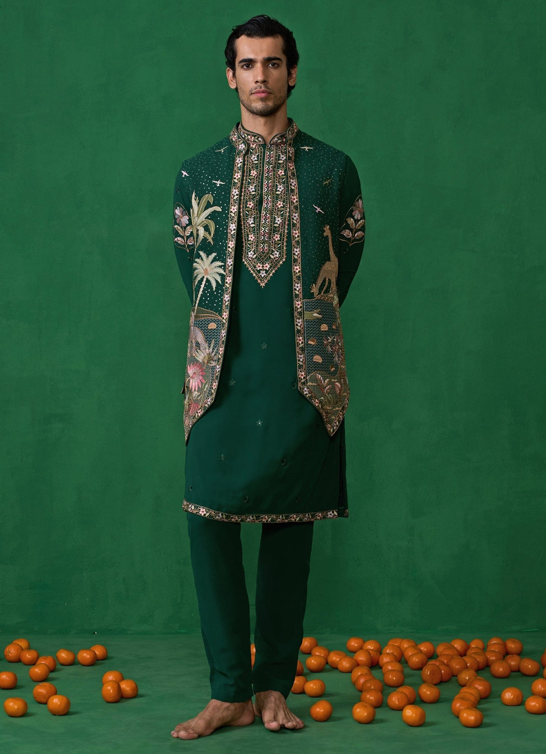 Bottle Green Embroidered Georgette Kurta Jacket Set Kalpraag - Fabilicious Fashion
