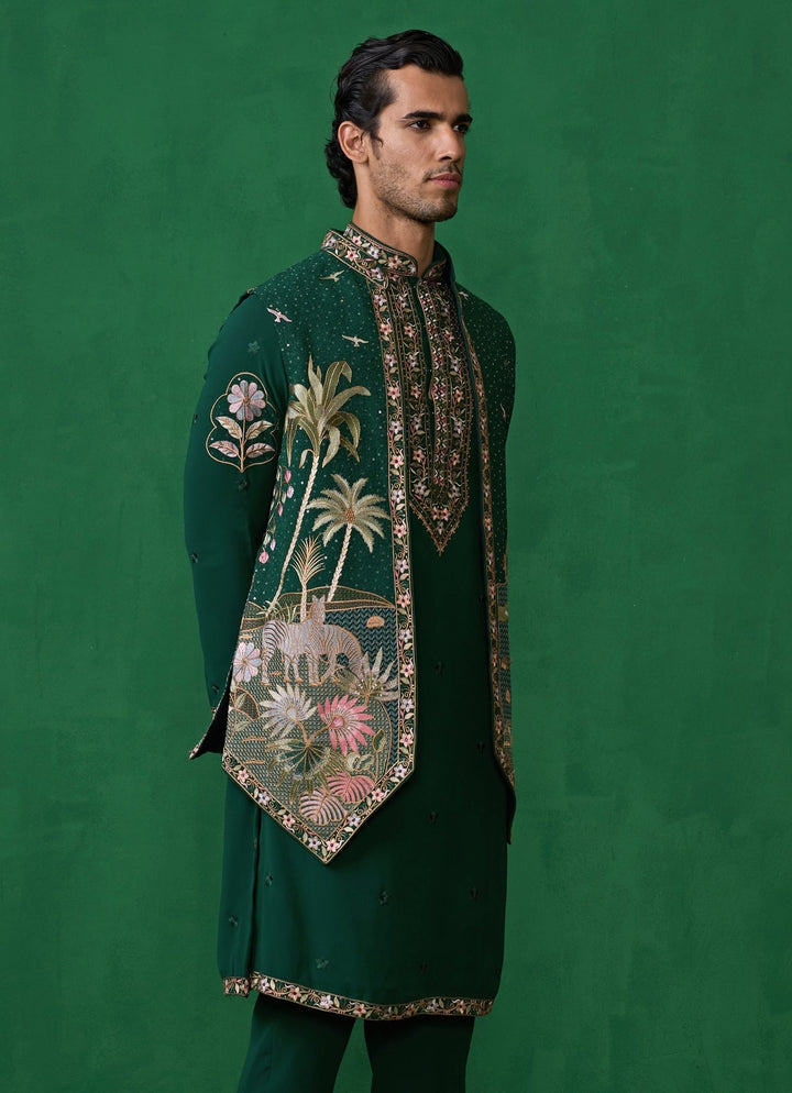 Bottle Green Embroidered Georgette Kurta Jacket Set Kalpraag - Fabilicious Fashion