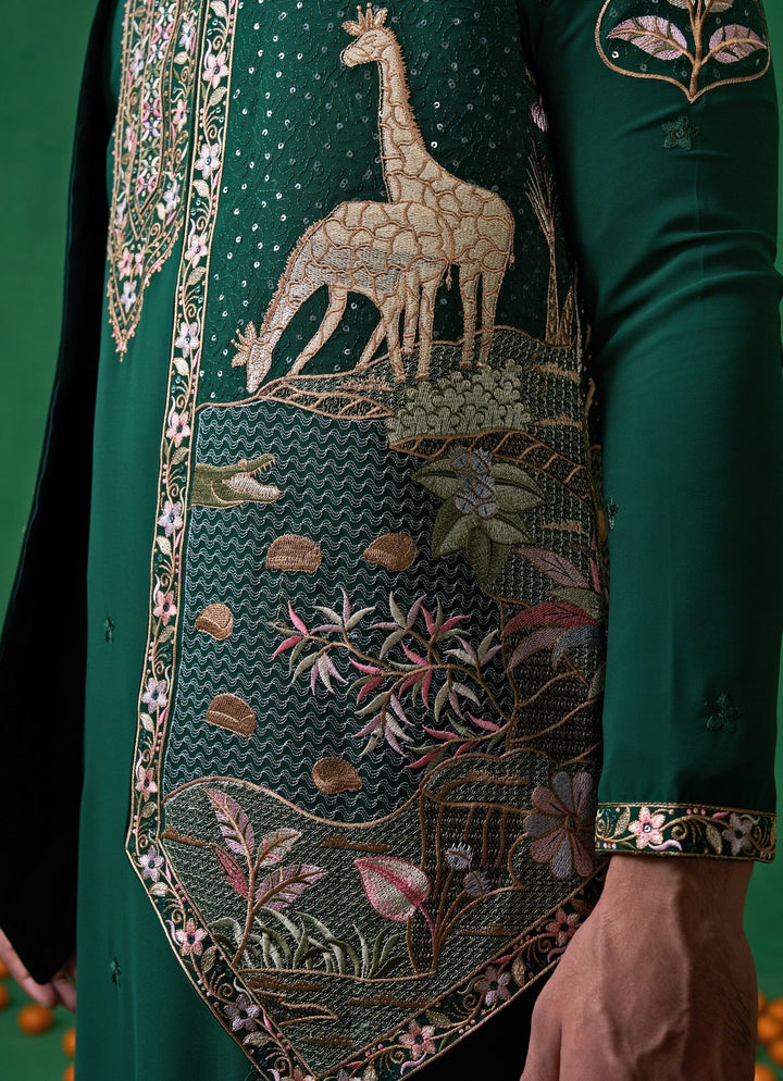 Bottle Green Embroidered Georgette Kurta Jacket Set Kalpraag - Fabilicious Fashion