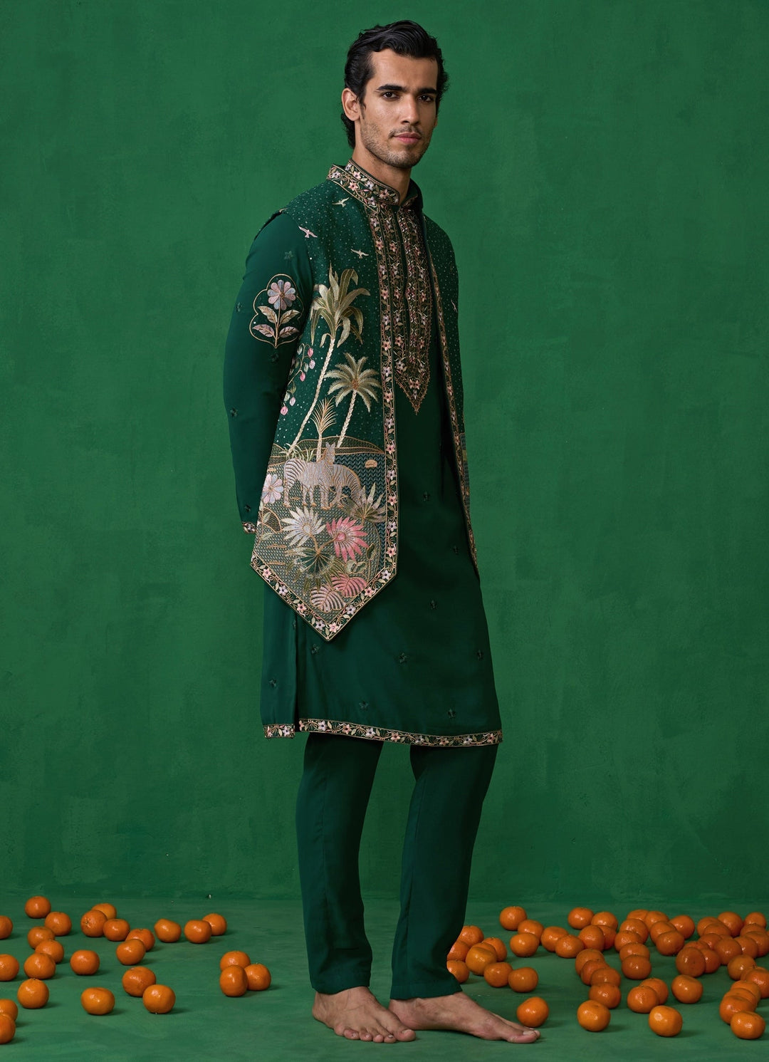 Bottle Green Embroidered Georgette Kurta Jacket Set Kalpraag - Fabilicious Fashion