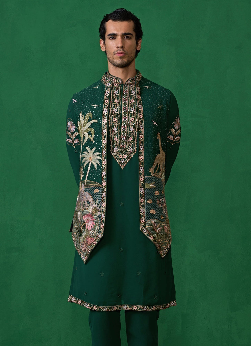 Bottle Green Embroidered Georgette Kurta Jacket Set Kalpraag - Fabilicious Fashion