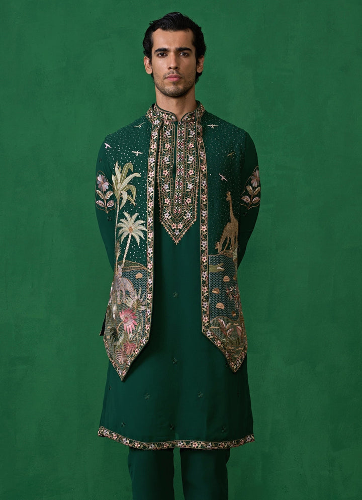 Bottle Green Embroidered Georgette Kurta Jacket Set Kalpraag - Fabilicious Fashion