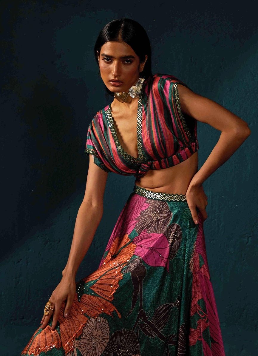 Bottle Green Floral Printed And Embroidered Lehenga Basil Leaf - Fabilicious Fashion